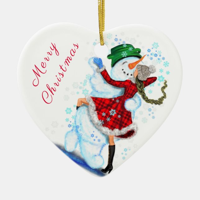 Weihnachtsschneemann und Girl Dance Keramik Ornament (Vorne)