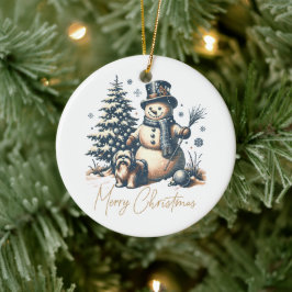 Weihnachtsschneemann und Hund Keramik Ornament