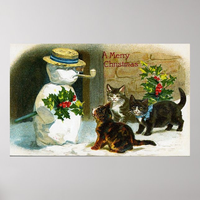 Weihnachtsschneemann und Katzen Dekoration Poster (Vorne)