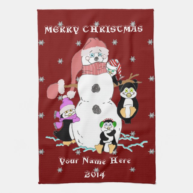 Weihnachtsschneemann und Pinguine Personalisiertes Küchentuch (Vertikal)