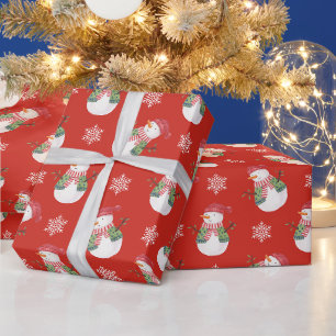 Weihnachtsschneemann und Schneeflocken Rot Geschenkpapier