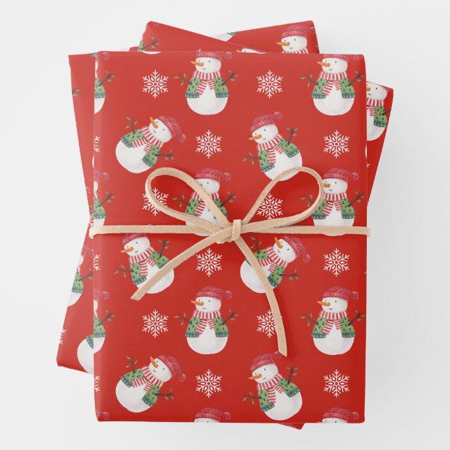 Weihnachtsschneemann und Schneeflocken Rot Geschenkpapier Set (Beispiel)