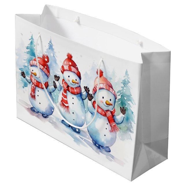 Weihnachtsschneemänner in Aquarellen Große Geschenktüte (Rückseite Schrägansicht)