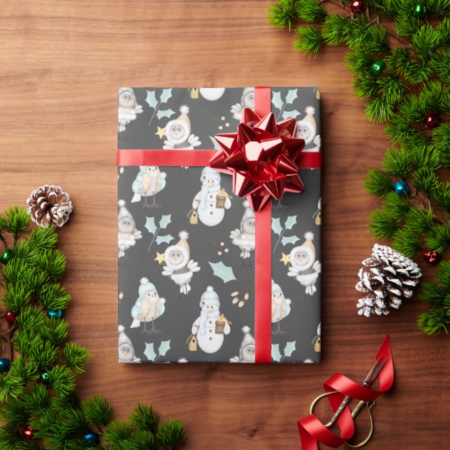 Weihnachtsschneemänner und Vögel Geschenkpapier (Feiertagsgeschenk)