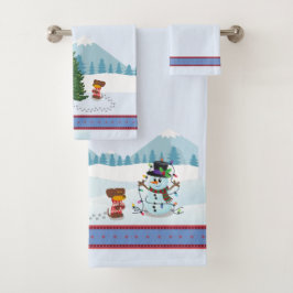 Weihnachtsschneeszene mit Snowman und Welpe Badhandtuch Set