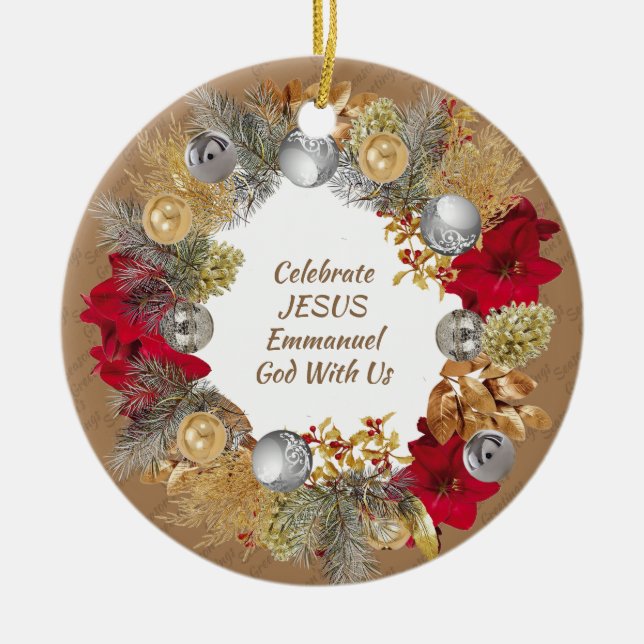 Weihnachtsschreath Custom Beige CELEBRATE JESUS Keramik Ornament (Vorne)