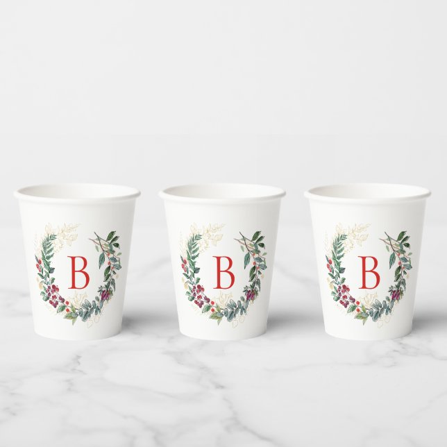 Weihnachtsschreath Custom Monogram Pappbecher (Multi)