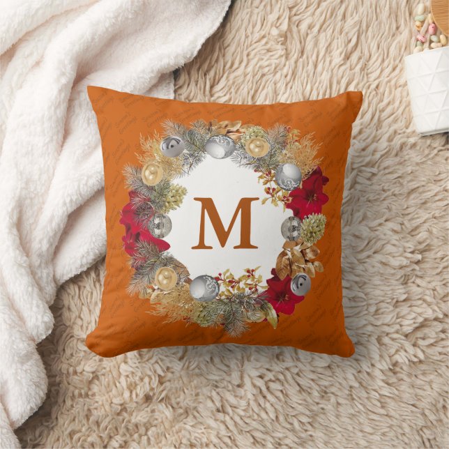 Weihnachtsschreath MONOGRAM Burnt Orange Kissen (Decke)