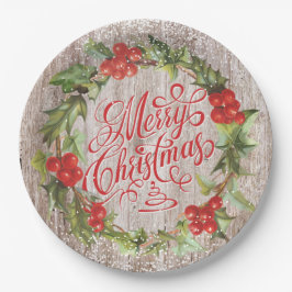 Weihnachtsschreath Rustic Wood Red Holly Typografy Pappteller