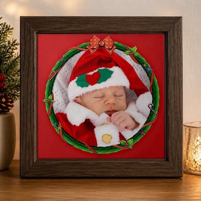 Weihnachtsschrei hinzufügen Ihr Foto und den Hinte Fliese (Christmas Wreath Add Your Photo & Red Background Ceramic Tile)