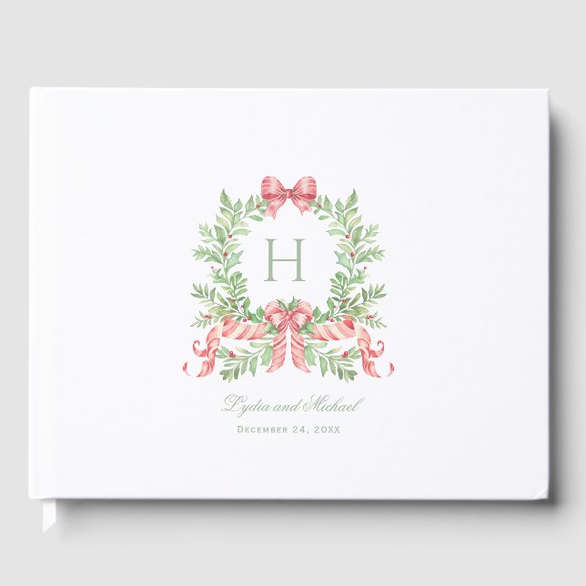 Weihnachtsschrei mit Candy Cane Bow Monogram Weddi Gästebuch (Vorderseite)