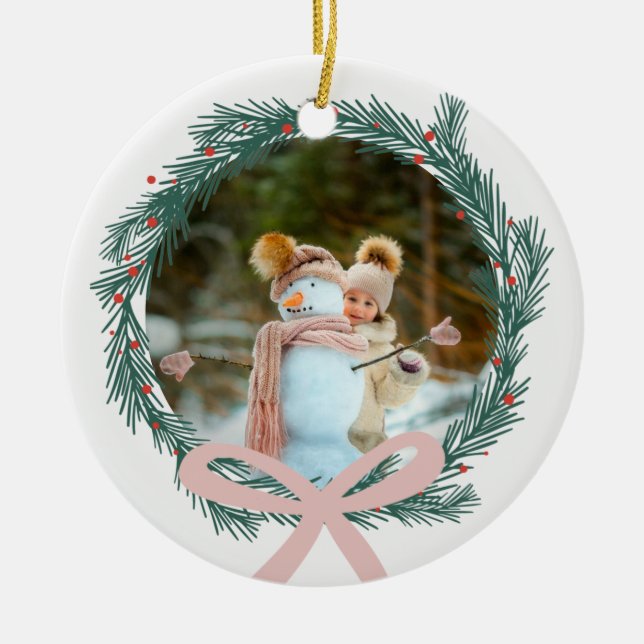 Weihnachtsschrei mit rosafarbenem Ribbon-Foto Keramik Ornament (Vorne)