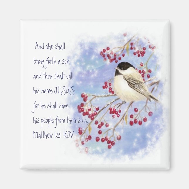 Weihnachtsschrift Chickadee Snowy Berry Magnet (Vorne)