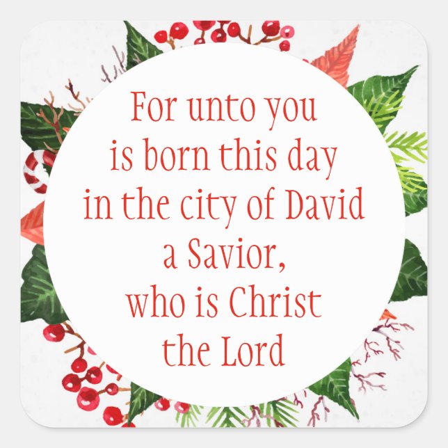 Weihnachtsschrift Luke 2:11 Aquarellblume Quadratischer Aufkleber (Vorderseite)