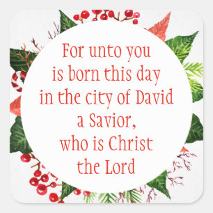 Weihnachtsschrift Luke 2:11 Aquarellblume Quadratischer Aufkleber