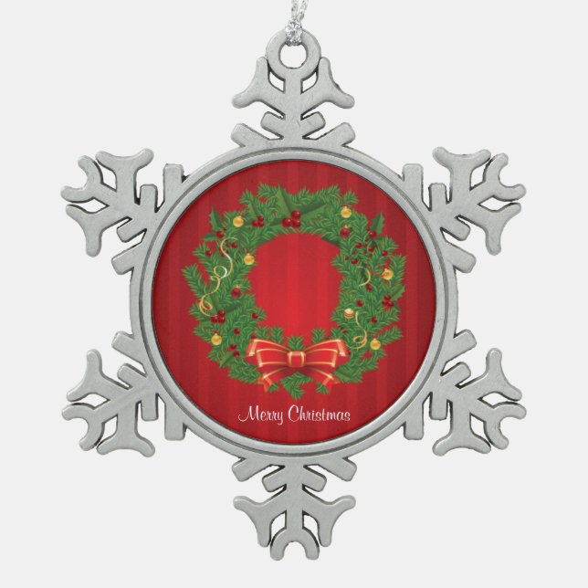 Weihnachtsschuld grün und rot schneeflocken Zinn-Ornament (Vorderseite)