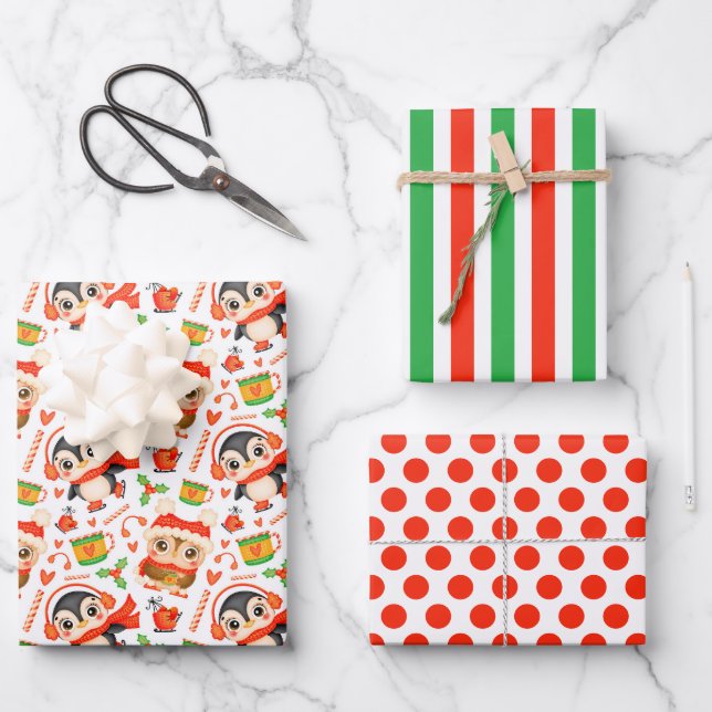 Weihnachtsschüssel und Pinguin Wrapping Paper Set  Geschenkpapier Set (Vorderseite)