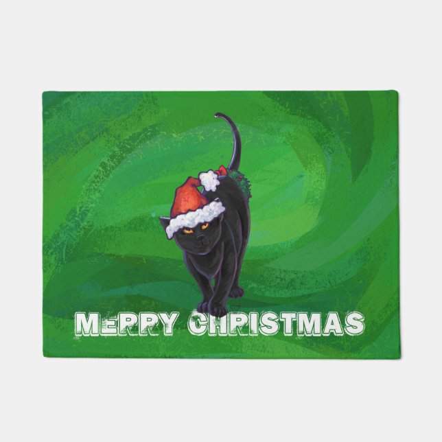 Weihnachtsschwarze Katze auf Grün Fußmatte (Vorderseite)