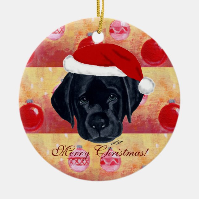 Weihnachtsschwarzer Labrador-Welpe Keramik Ornament (Vorne)