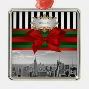 Weihnachtsschwarzes weißes Strp #2 NYC Skyline-Rei Silbernes Ornament