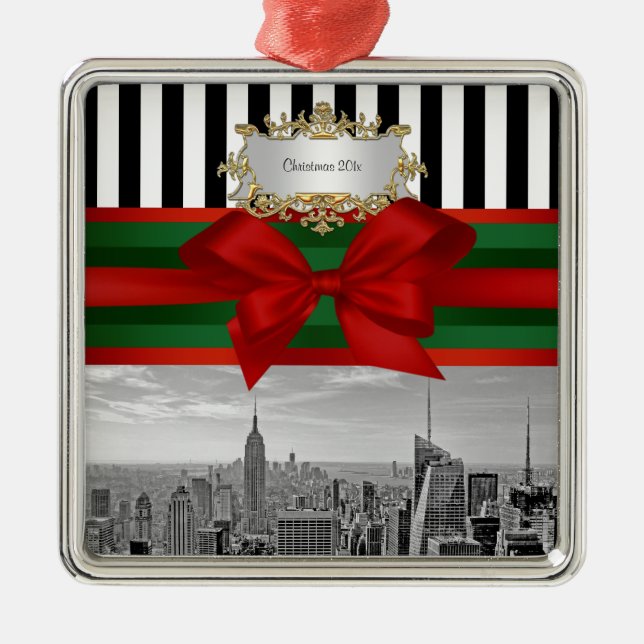 Weihnachtsschwarzes weißes Strp #2 NYC Skyline-Rei Silbernes Ornament (Vorne)