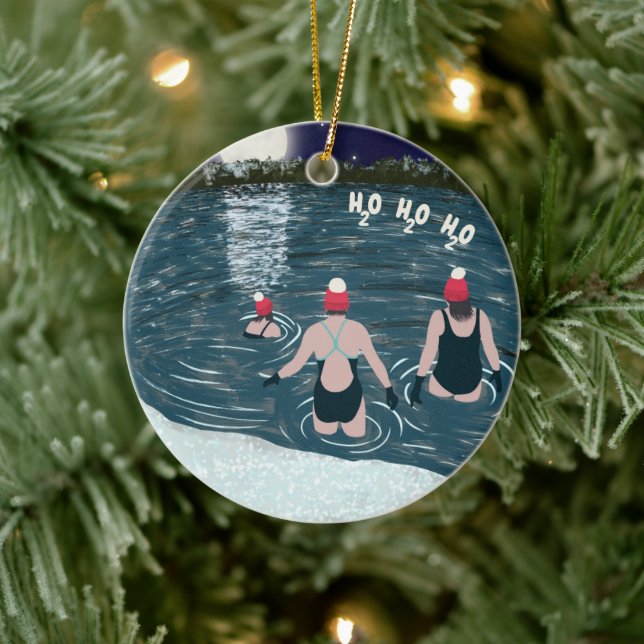 Weihnachtsschwimmen im Schneesee in Weihnachtsmann Keramik Ornament (Baum)