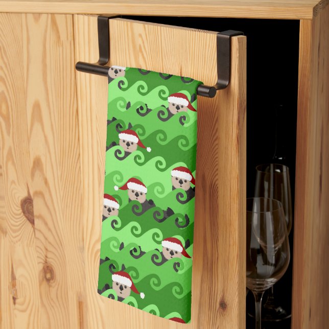 Weihnachtssee Otters Grüne Waves Geschirrtuch (Drittel gefaltet)