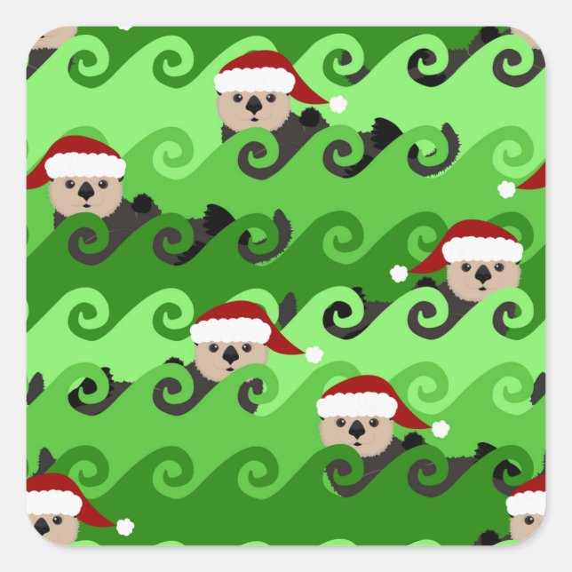 Weihnachtssee Otters Grüne Waves Quadratischer Aufkleber (Vorderseite)
