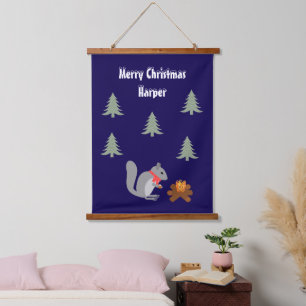 Weihnachtsseichhörnchen Roastnüsse auf Log Fire Wandteppich Mit Holzrahmen
