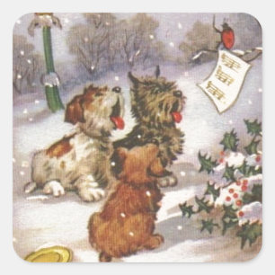 weihnachtssingende Hunde im Schnee Quadratischer Aufkleber