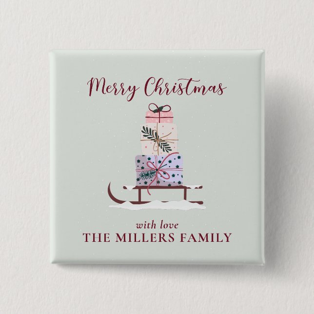 Weihnachtssleigh mit Geschenken, hellgrün Button (Vorderseite)
