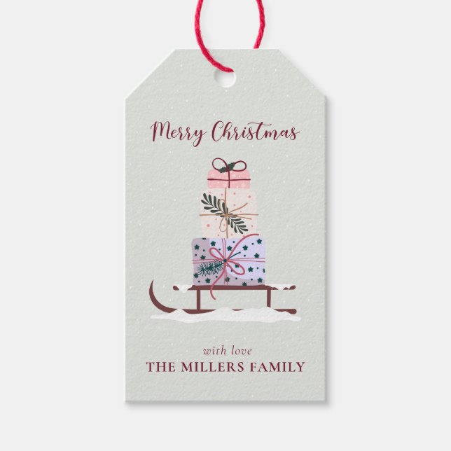 Weihnachtssleigh mit Geschenken, hellgrün Geschenkanhänger (Vorderseite)