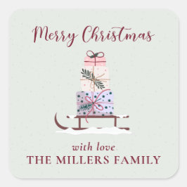 Weihnachtssleigh mit Geschenken, hellgrün Quadratischer Aufkleber