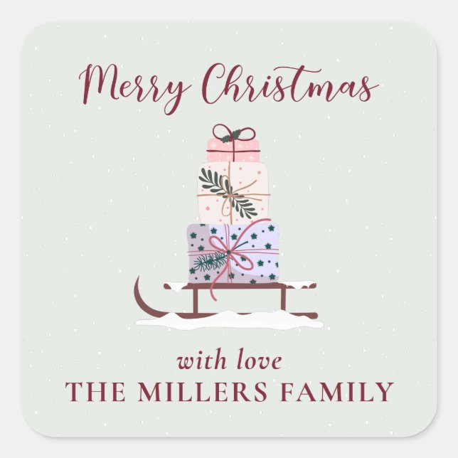 Weihnachtssleigh mit Geschenken, hellgrün Quadratischer Aufkleber (Vorderseite)