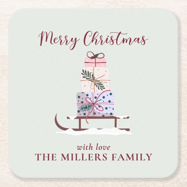 Weihnachtssleigh mit Geschenken, hellgrün Rechteckiger Pappuntersetzer (Vorderseite)