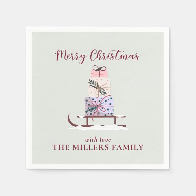 Weihnachtssleigh mit Geschenken, hellgrün Serviette (Vorderseite)