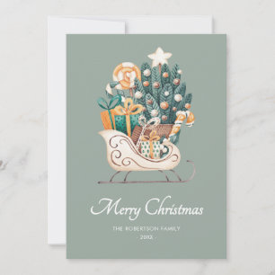 Weihnachtssleighs Aquarellfarben Grünes Non-Foto Feiertagskarte