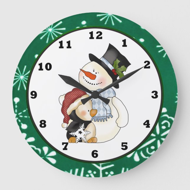 Weihnachtssnowman Feiertags-Cartoonuhr Große Wanduhr (Vorderseite)