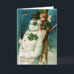 WeihnachtsSnowman mit Kleeblättern Feiertagskarte<br><div class="desc">Vintage Weihnachtskartenillustration.</div>