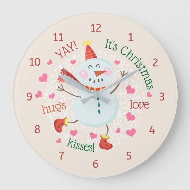 WeihnachtsSnowman umarmt Liebe-Küsse Große Wanduhr (Vorderseite)
