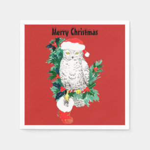 Weihnachtssnowy-Eule mit Weihnachtsmannmütze und Serviette