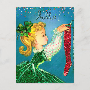 Weihnachtssocken Glitzer Girl Monogramm Postkarte