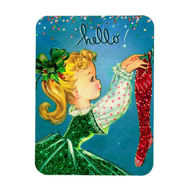 Weihnachtssocken Glitzer Mädchen Magnet (Vertikal)