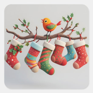 Weihnachtssocken mit Stechpalmen geschmückt Quadratischer Aufkleber