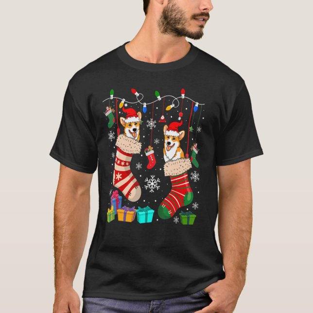 Weihnachtssocken Pajama Corgi Doppy Welpe T-Shirt (Vorderseite)