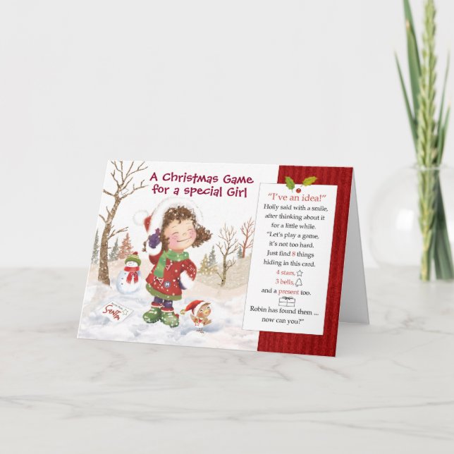 Weihnachtsspiel für Mädchen. 8 versteckte Dinge Karte (Vorderseite)