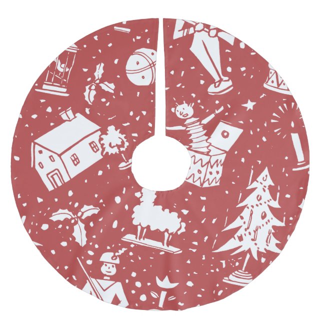 Weihnachtsspielzeug-Muster auf Retro Red Polyester Weihnachtsbaumdecke (Vorderseite)