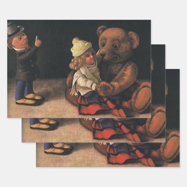 Weihnachtsspielzeug, Puppe und ein Teddybär Geschenkpapier Set (Set)