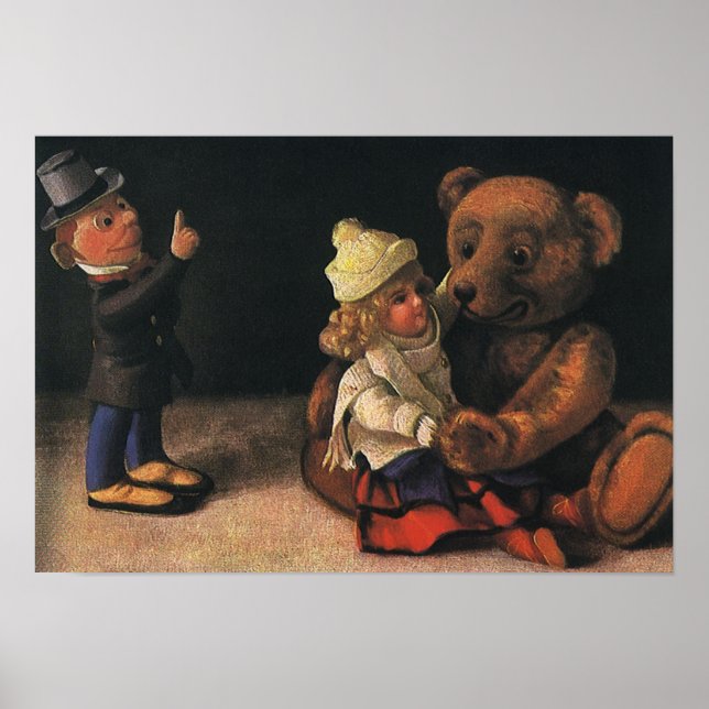Weihnachtsspielzeug, Puppe und ein Teddybär Poster (Vorne)