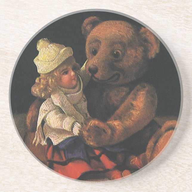 Weihnachtsspielzeug, Puppe und ein Teddybär Sandstein Untersetzer (Vorne)